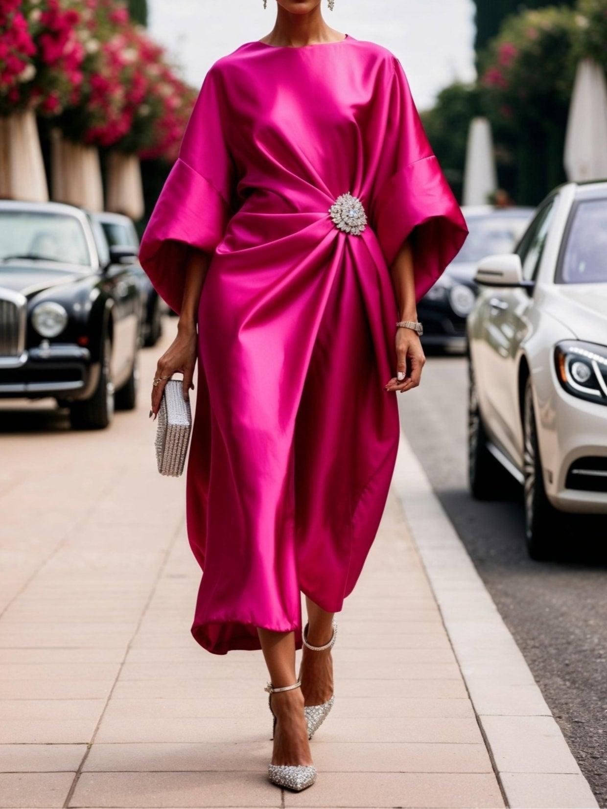 Lucia | Satin dress with jeweled drape and wide sleeves