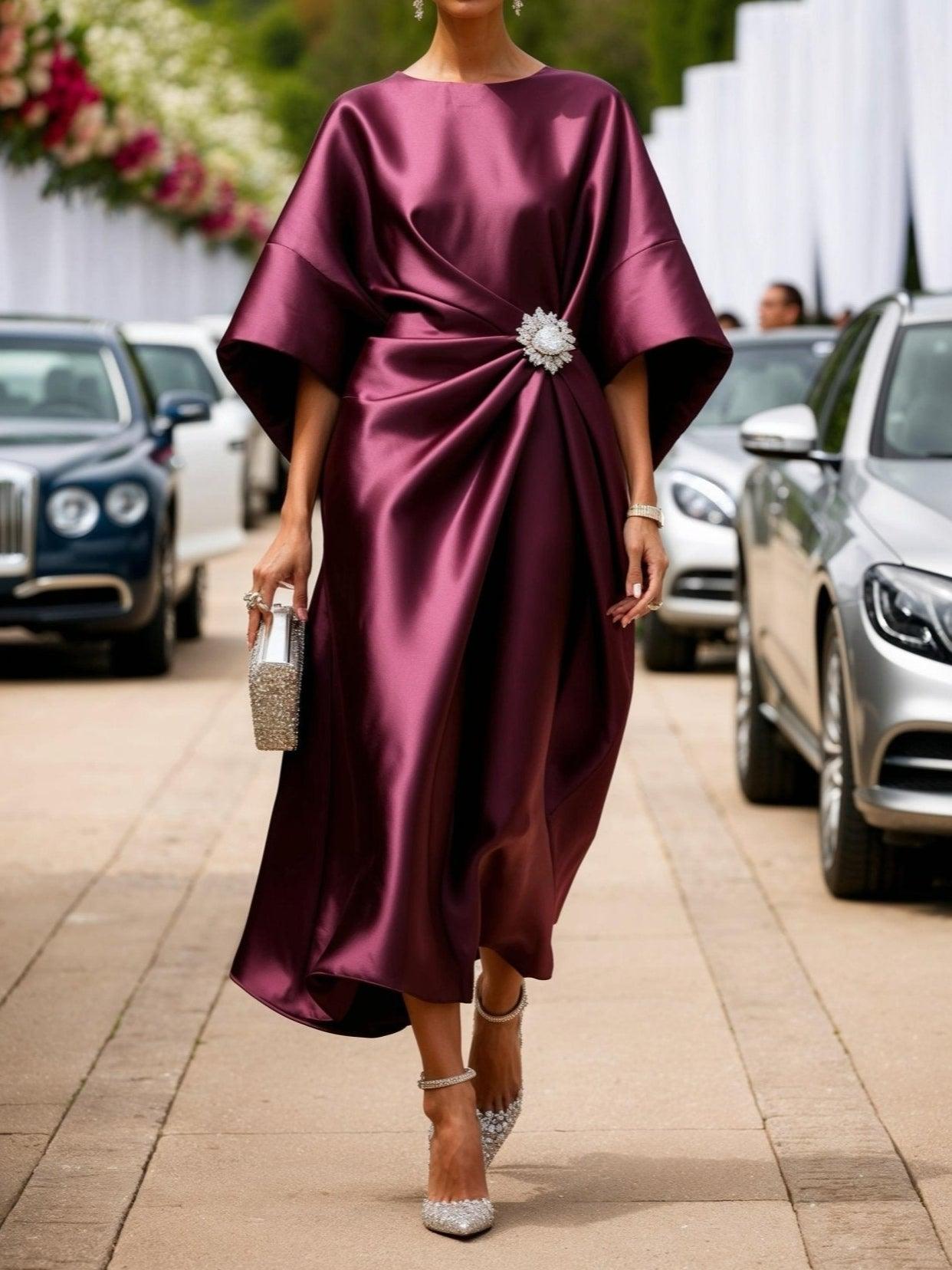 Lucia | Satin dress with jeweled drape and wide sleeves