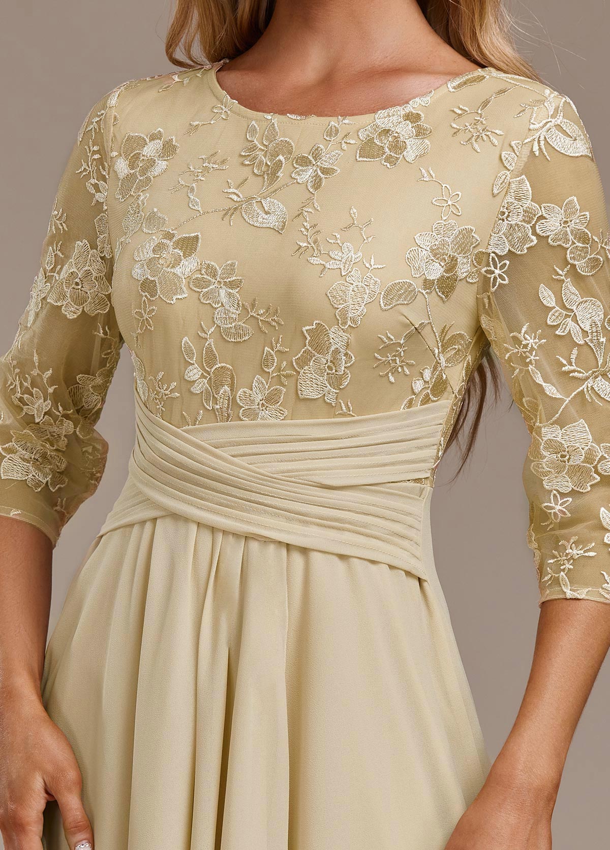Karla | Champagne Embroidery 3/4 Sleeve Round Neck Dress
