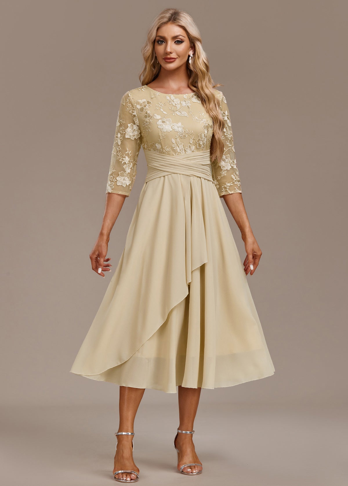 Karla | Champagne Embroidery 3/4 Sleeve Round Neck Dress