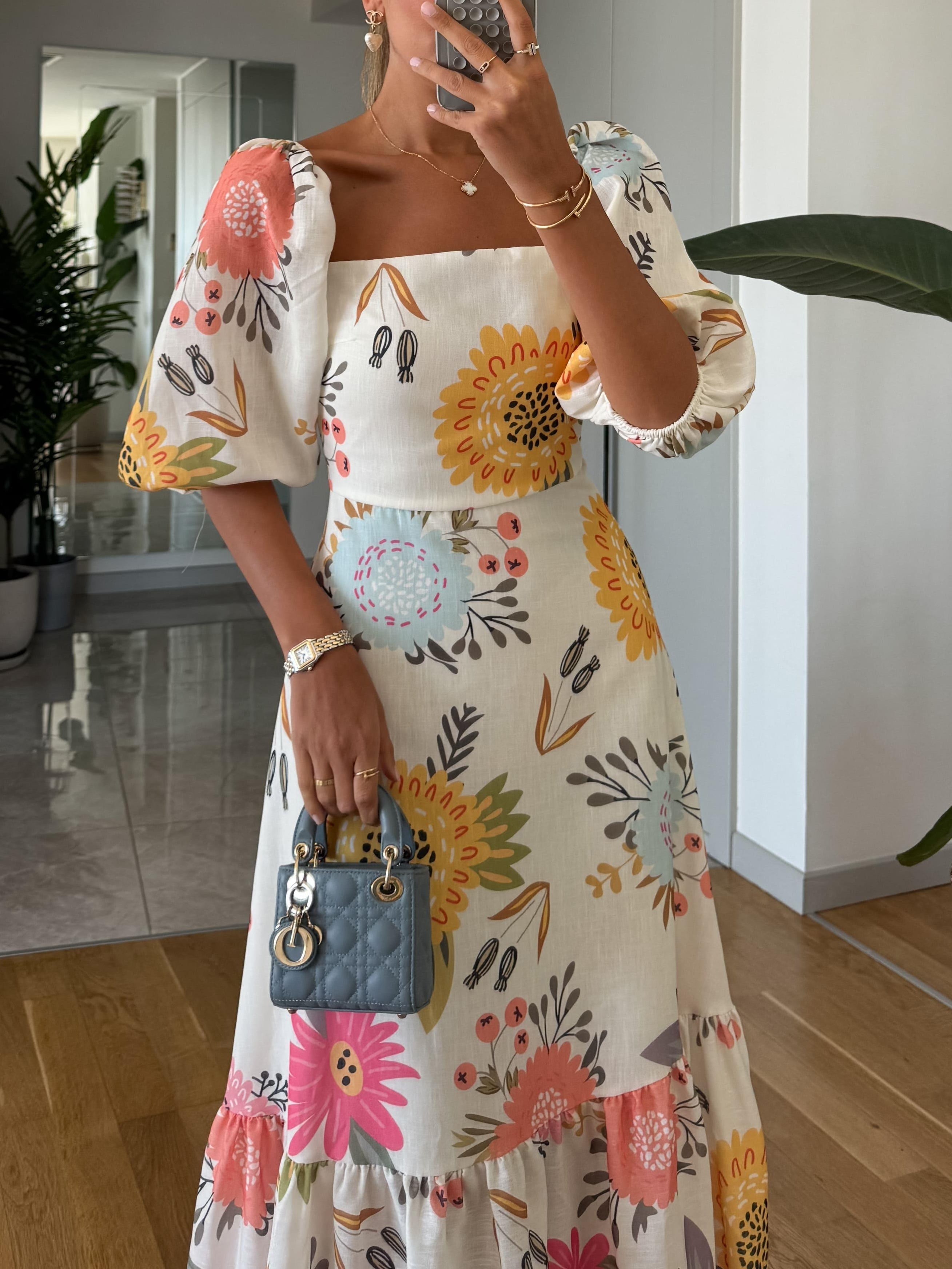 Emma | Square Neck Floral Print Puff Sleeve Midi Dress