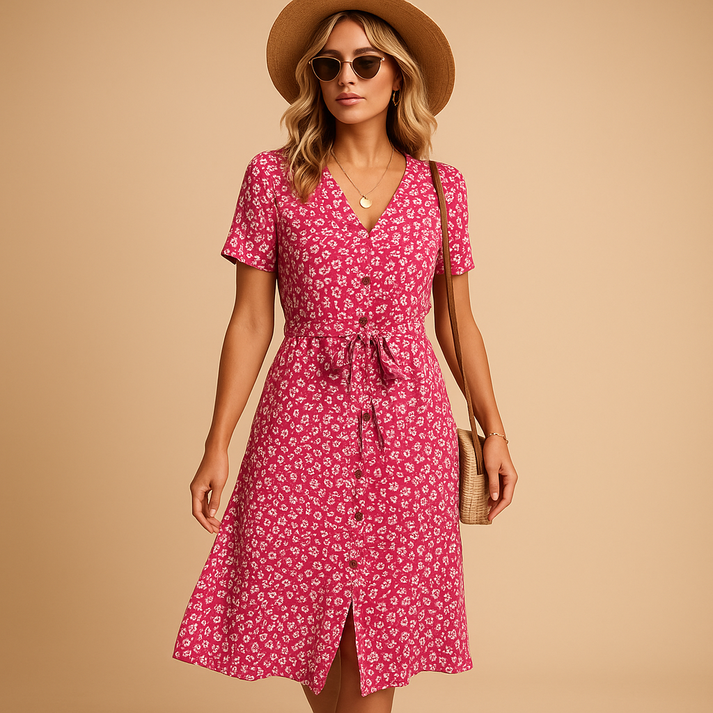 Fleur Women's Short Sleeve Floral Print Midi Dress