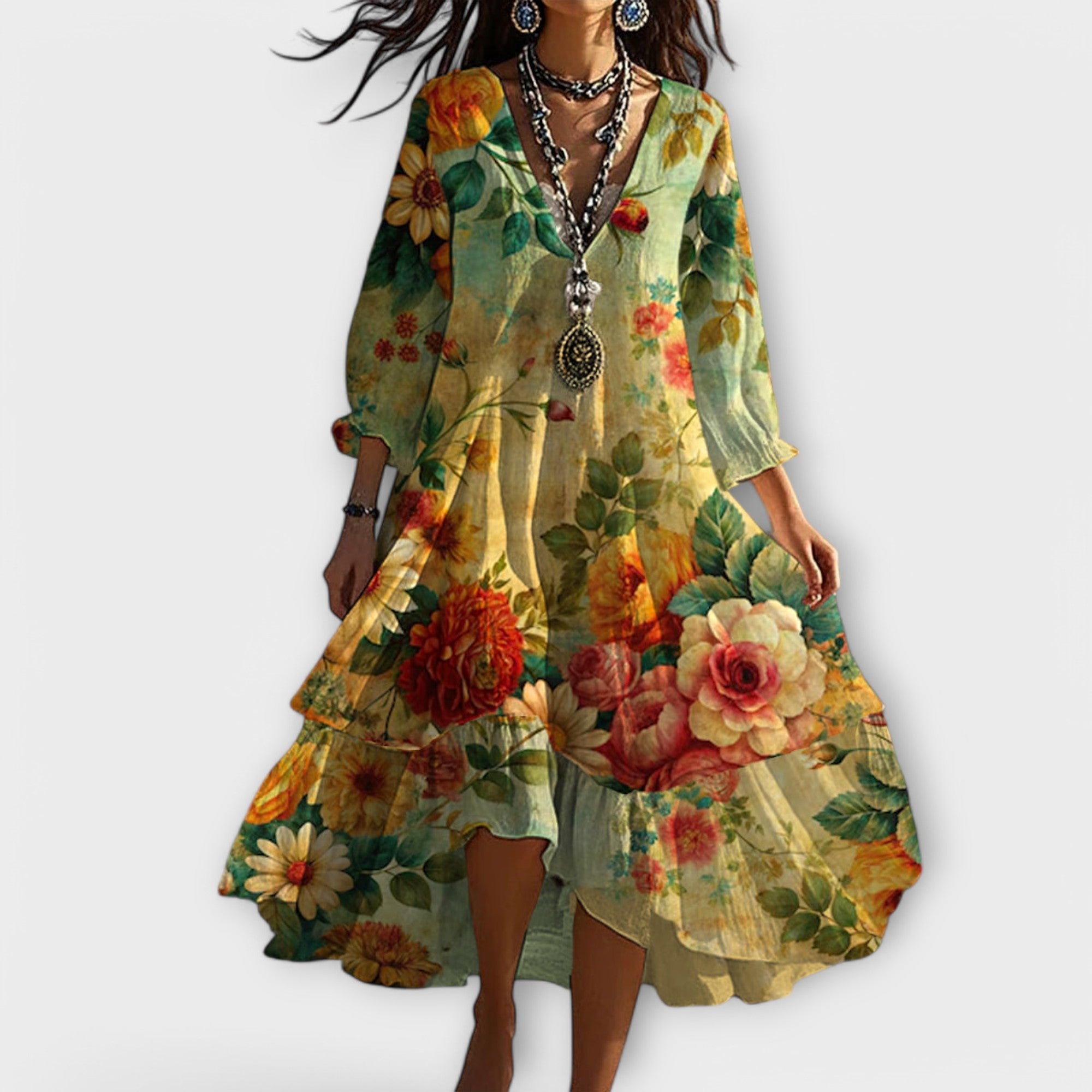 Marina | Vintage Boho Floral Pattern V-Neck Dress