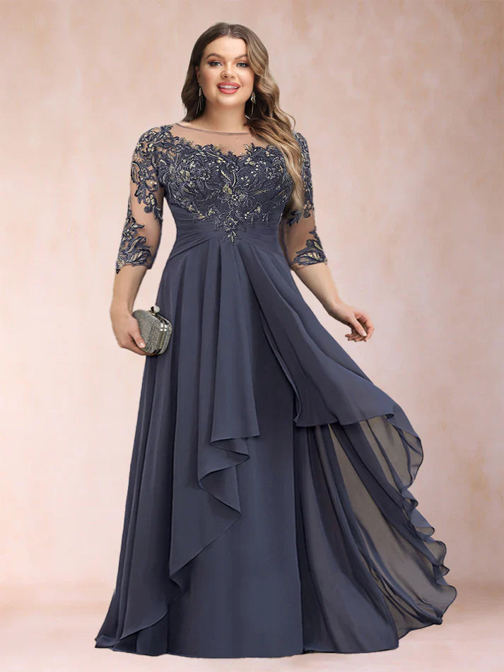 Celeste| A-Line Scoop Neck Chiffon with Appliqués & Ruffles