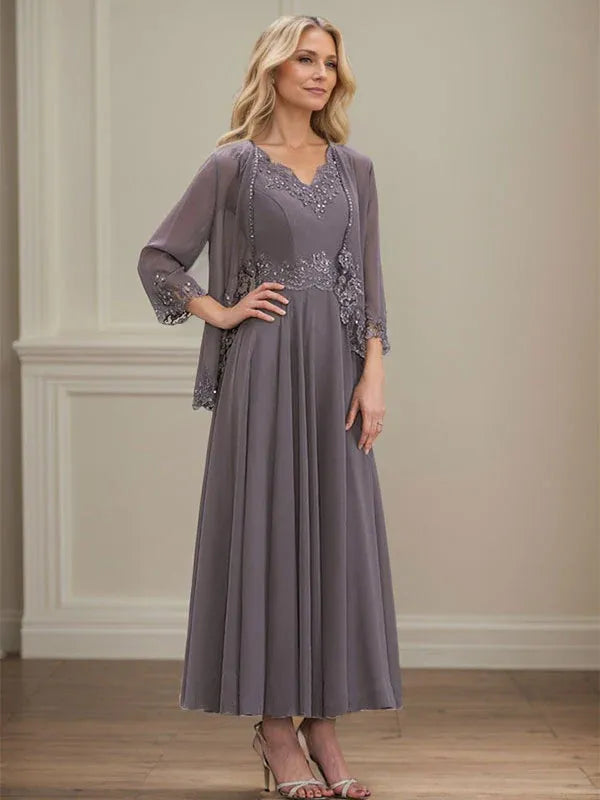 Evelinia | A-Line Chiffon Dress with Sequins & Lace