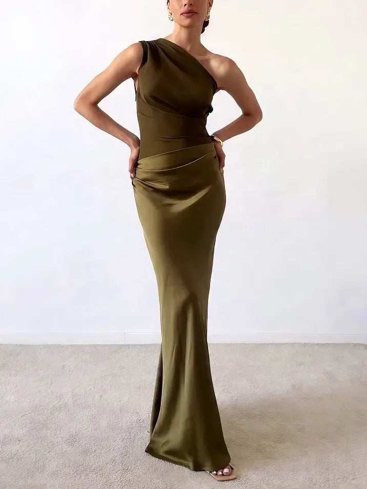 Anita | Elegant One Shoulder Neck Pleated Party Maxi Dress