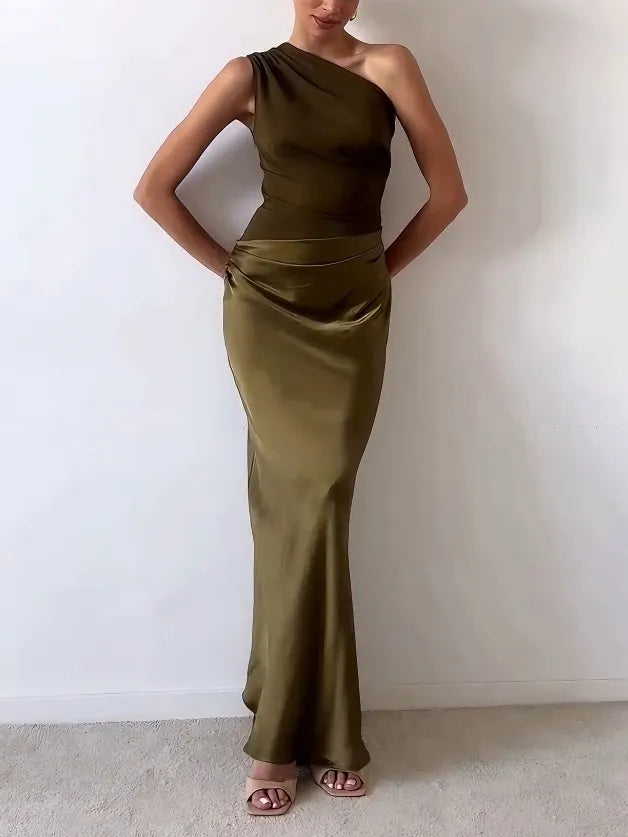 Anita | Elegant One Shoulder Neck Pleated Party Maxi Dress