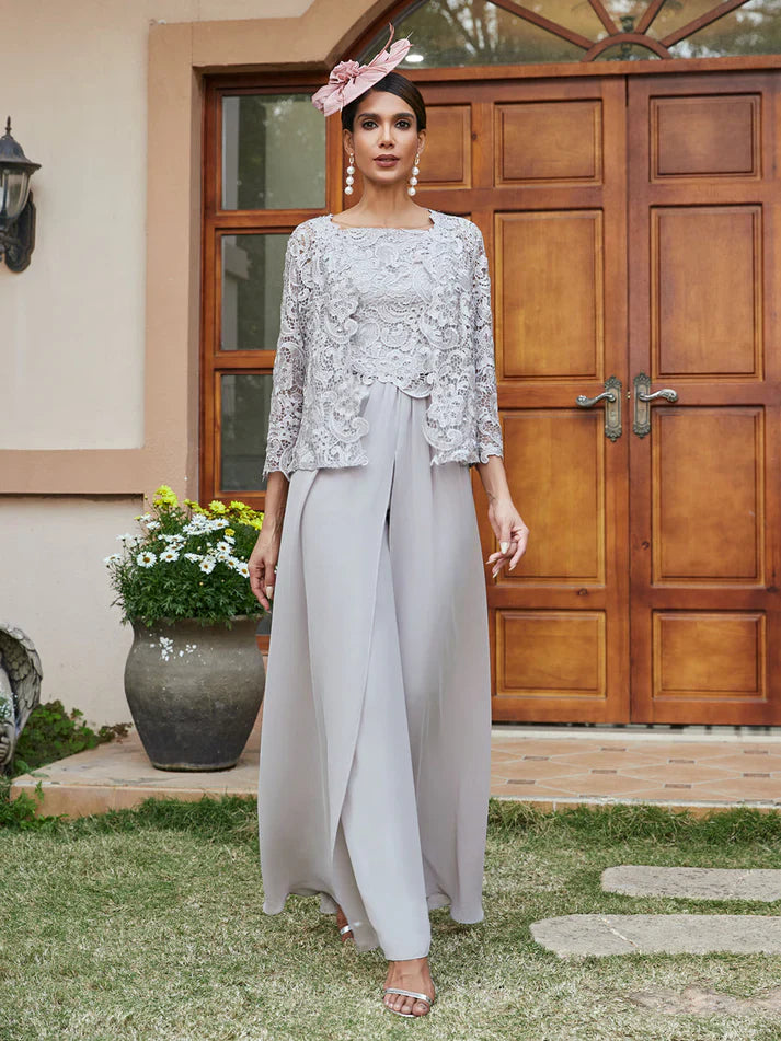 Diana – Lace & Chiffon Square Neck Pantsuit with Jacket