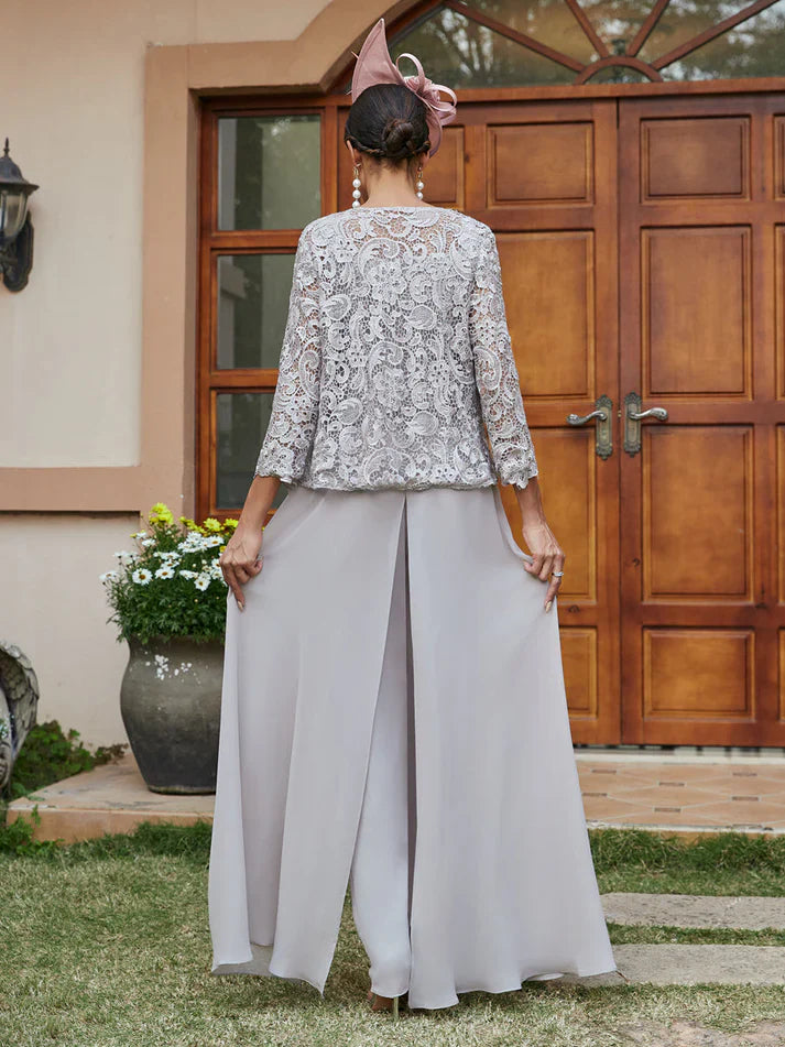 Diana – Lace & Chiffon Square Neck Pantsuit with Jacket