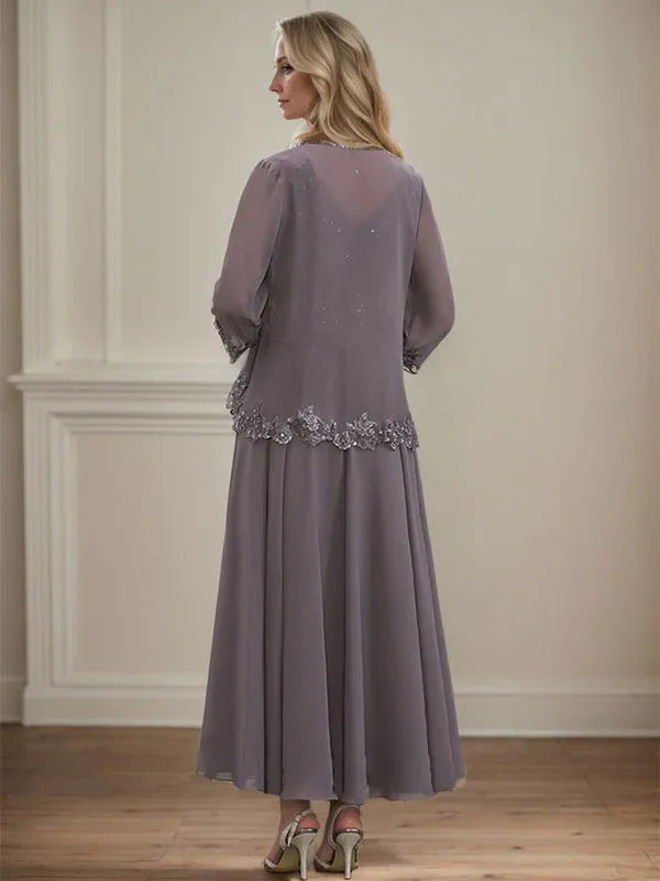 Evelinia | A-Line Chiffon Dress with Sequins & Lace