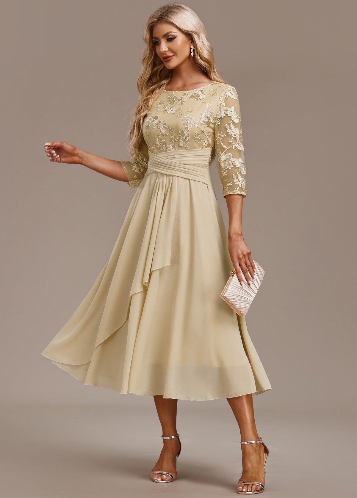 Karla | Champagne Embroidery 3/4 Sleeve Round Neck Dress