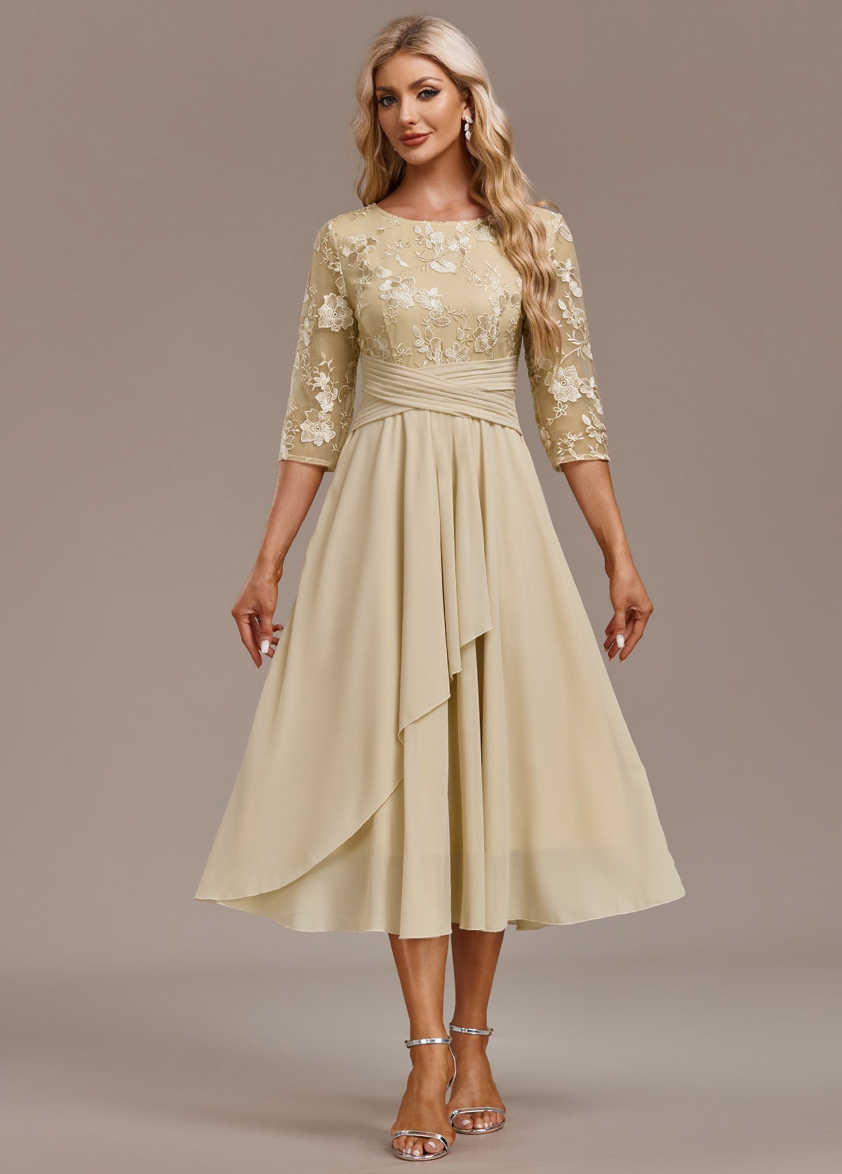 Karla | Champagne Embroidery 3/4 Sleeve Round Neck Dress