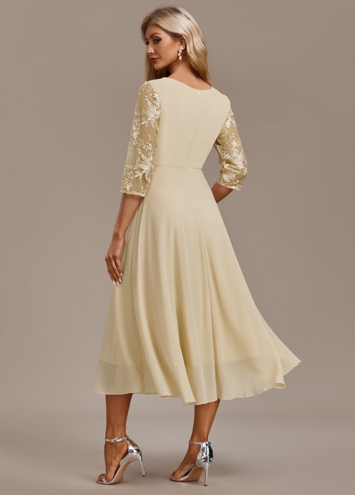 Karla | Champagne Embroidery 3/4 Sleeve Round Neck Dress