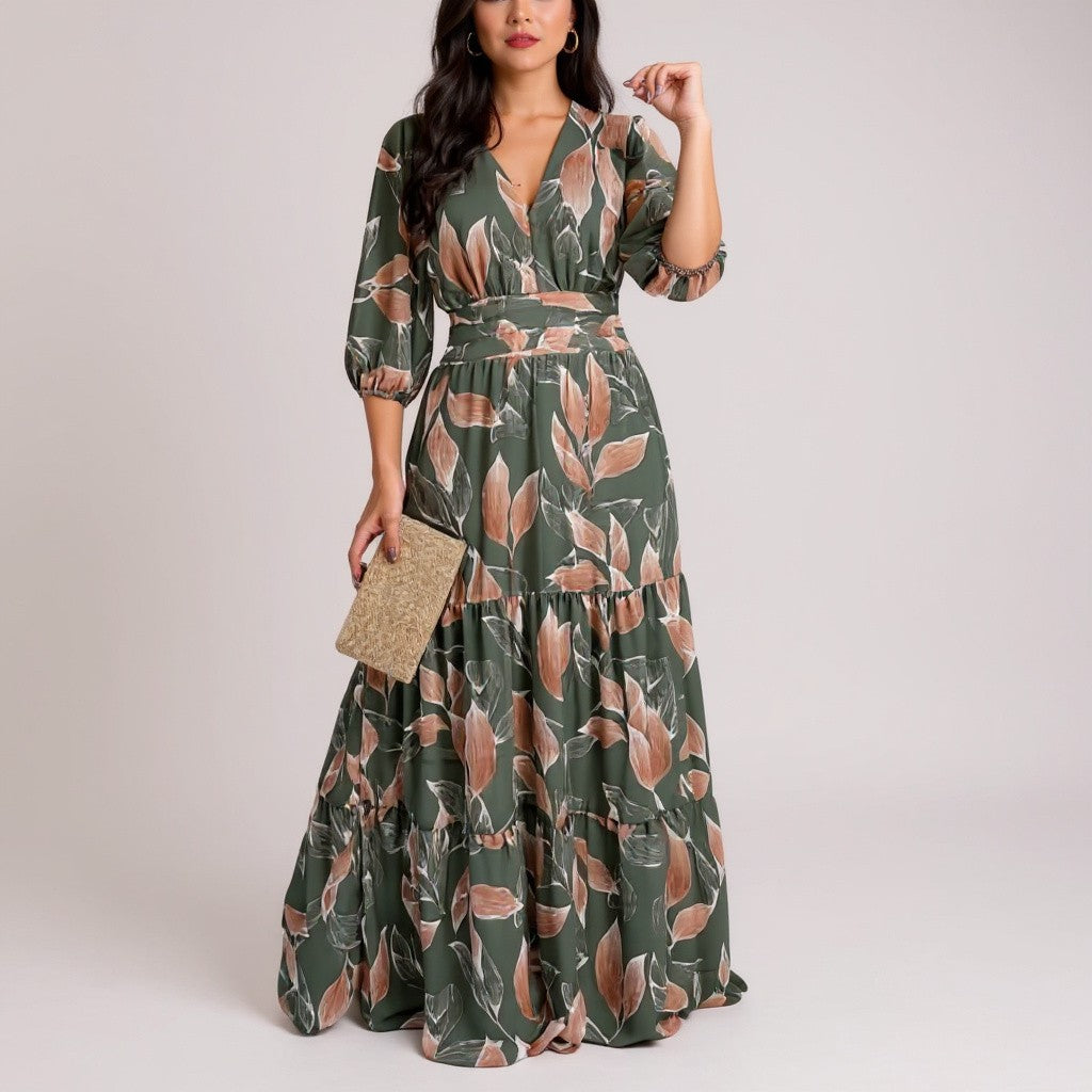 Aísha | Long Floral Dress with Flowing Cut and Leaf Motif