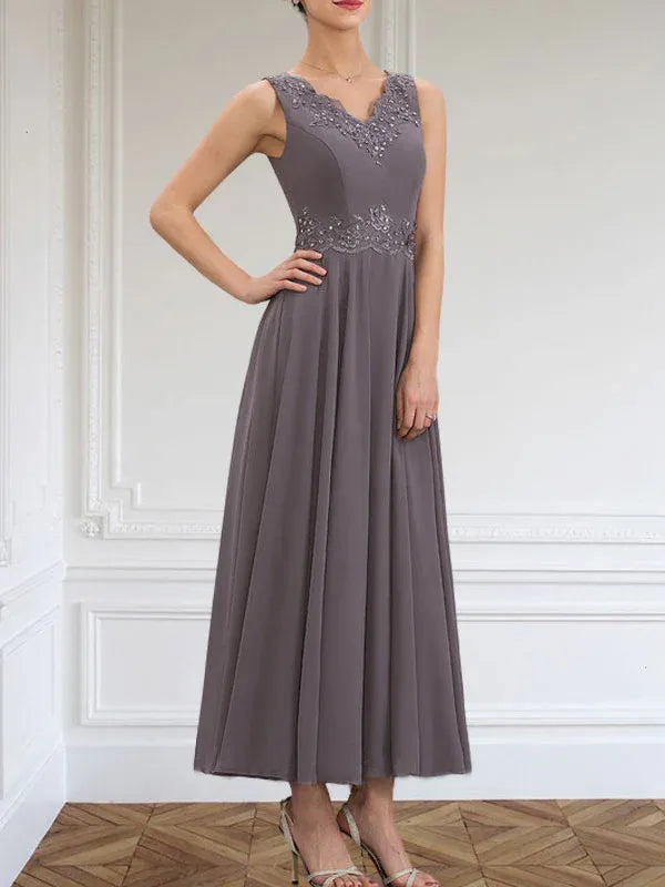 Evelinia | A-Line Chiffon Dress with Sequins & Lace