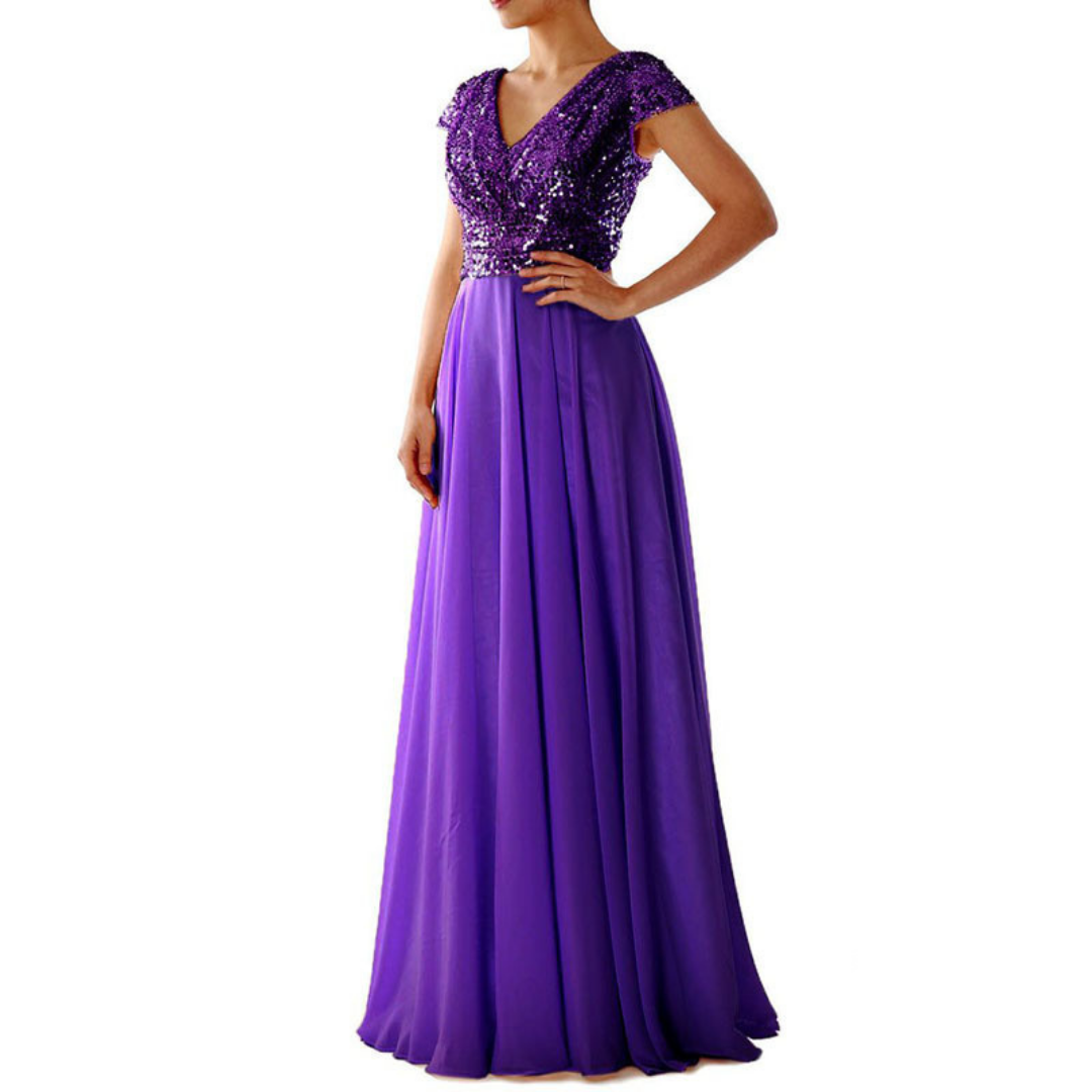 Marcella | V-Neck Sequin & Chiffon Evening Dress