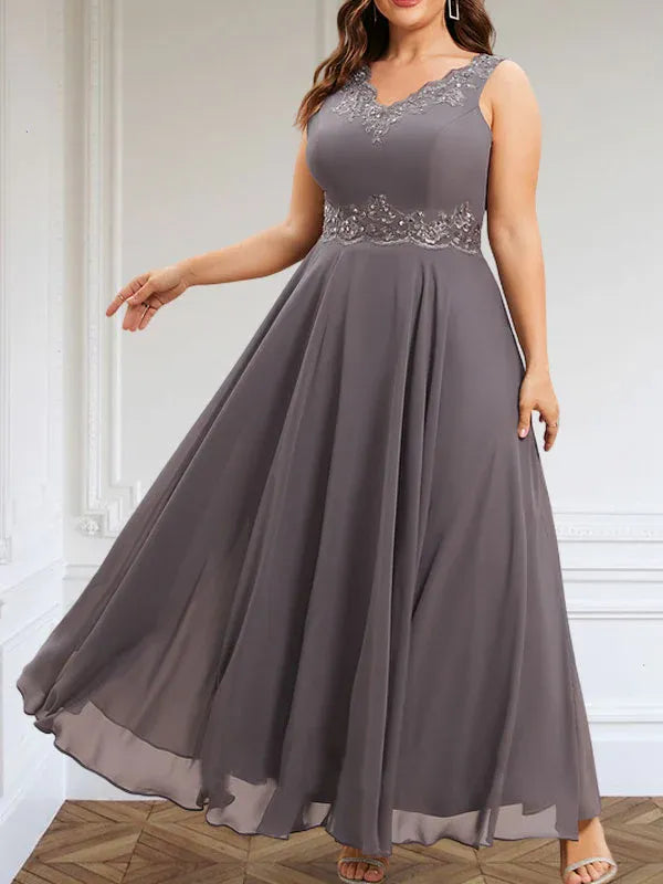 Evelinia | A-Line Chiffon Dress with Sequins & Lace