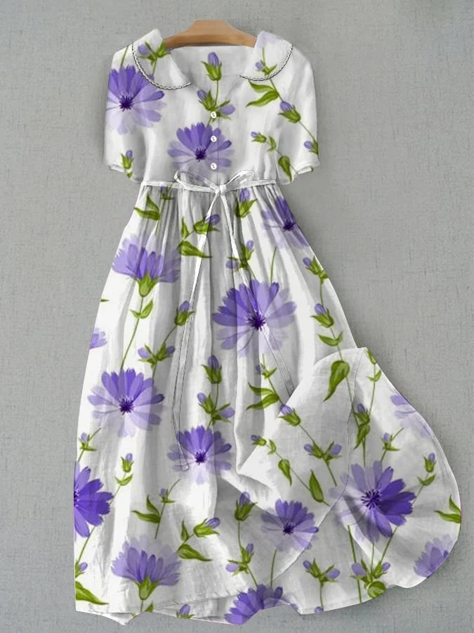 Sage | Vintage Floral Dress with Waist Ties and Half Sleeves