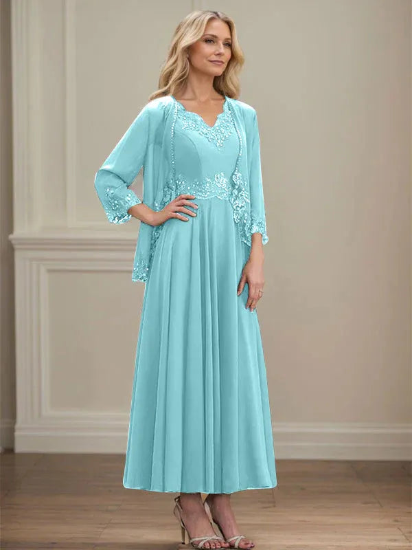Evelinia | A-Line Chiffon Dress with Sequins & Lace