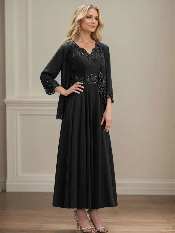 Evelinia | A-Line Chiffon Dress with Sequins & Lace