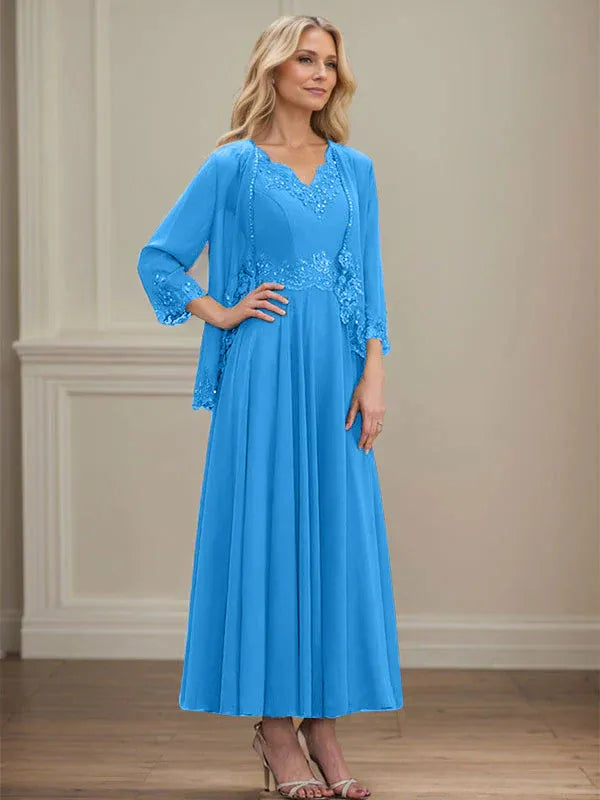 Evelinia | A-Line Chiffon Dress with Sequins & Lace
