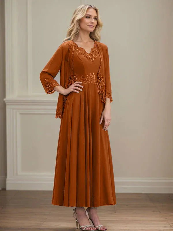 Evelinia | A-Line Chiffon Dress with Sequins & Lace