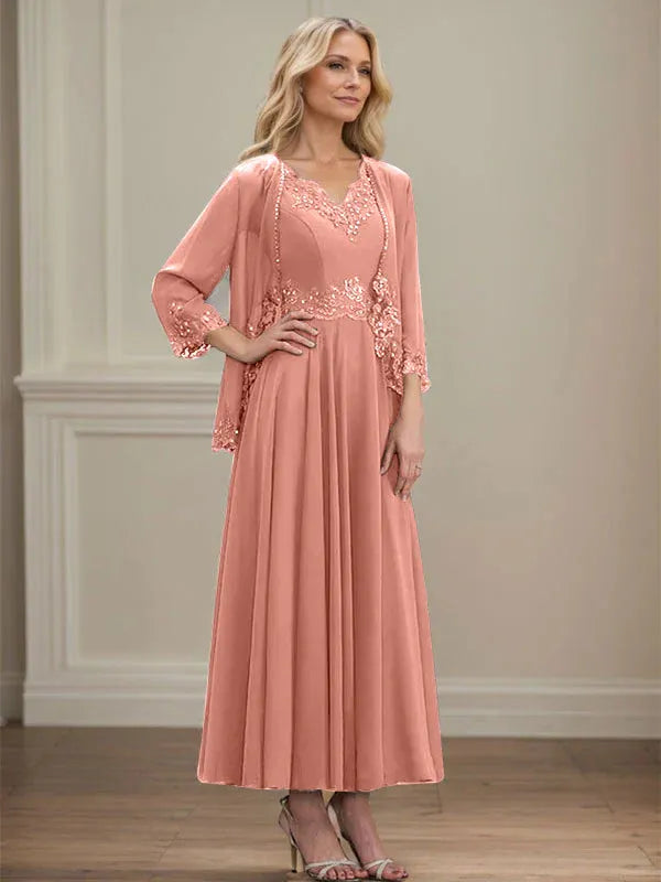 Evelinia | A-Line Chiffon Dress with Sequins & Lace