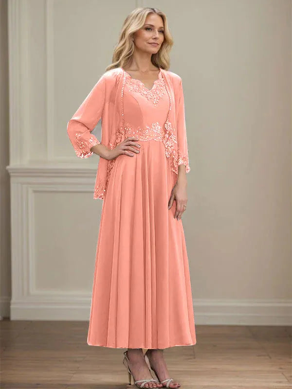 Evelinia | A-Line Chiffon Dress with Sequins & Lace