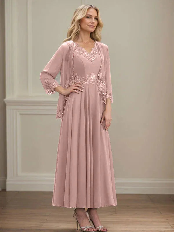 Evelinia | A-Line Chiffon Dress with Sequins & Lace