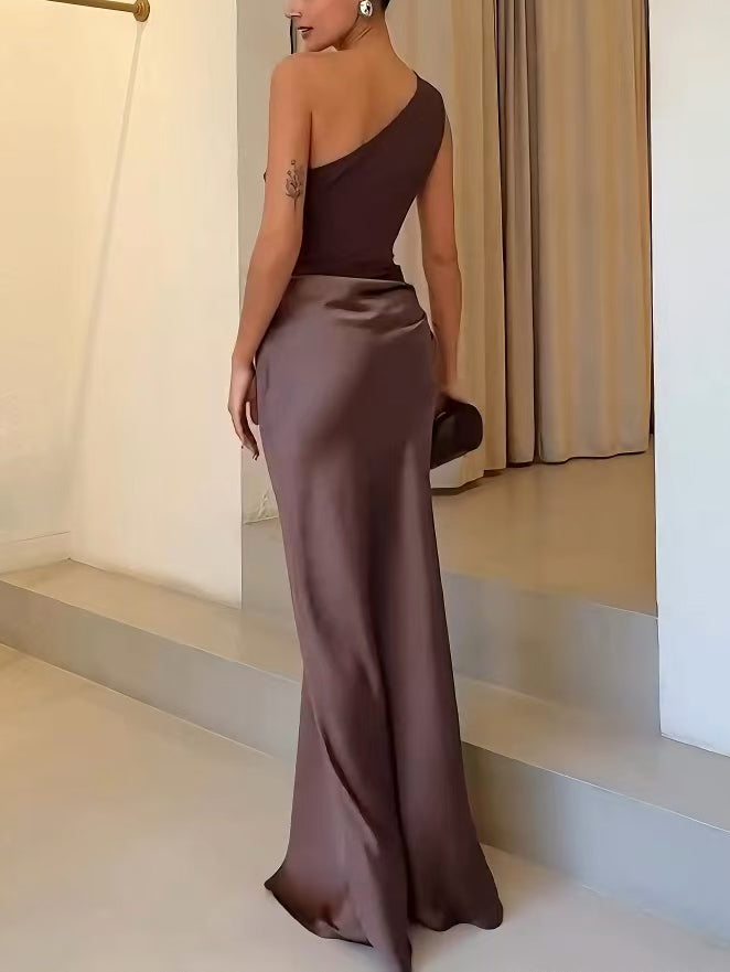 Anita | Elegant One Shoulder Neck Pleated Party Maxi Dress
