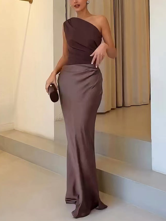 Anita | Elegant One Shoulder Neck Pleated Party Maxi Dress