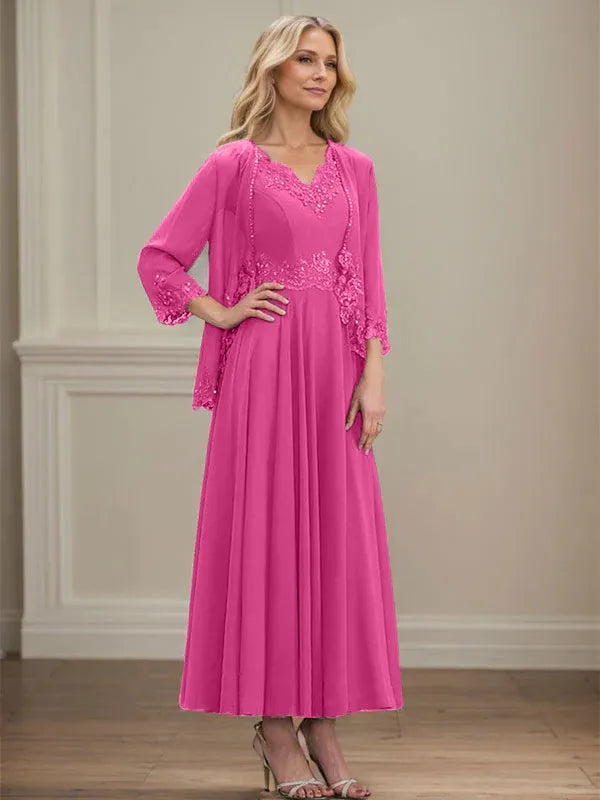 Evelinia | A-Line Chiffon Dress with Sequins & Lace