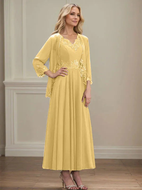 Evelinia | A-Line Chiffon Dress with Sequins & Lace