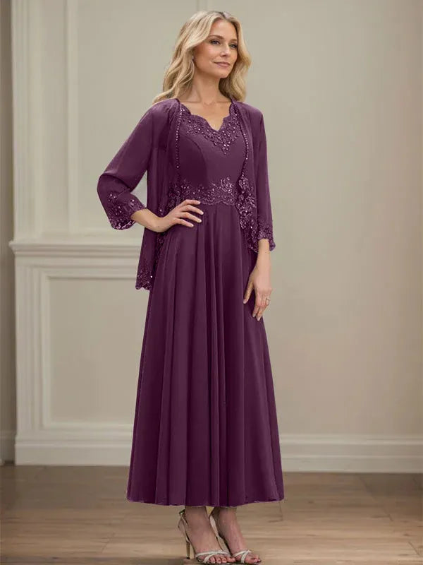 Evelinia | A-Line Chiffon Dress with Sequins & Lace