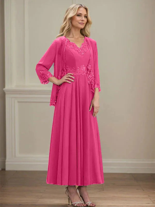 Evelinia | A-Line Chiffon Dress with Sequins & Lace