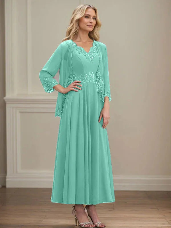 Evelinia | A-Line Chiffon Dress with Sequins & Lace