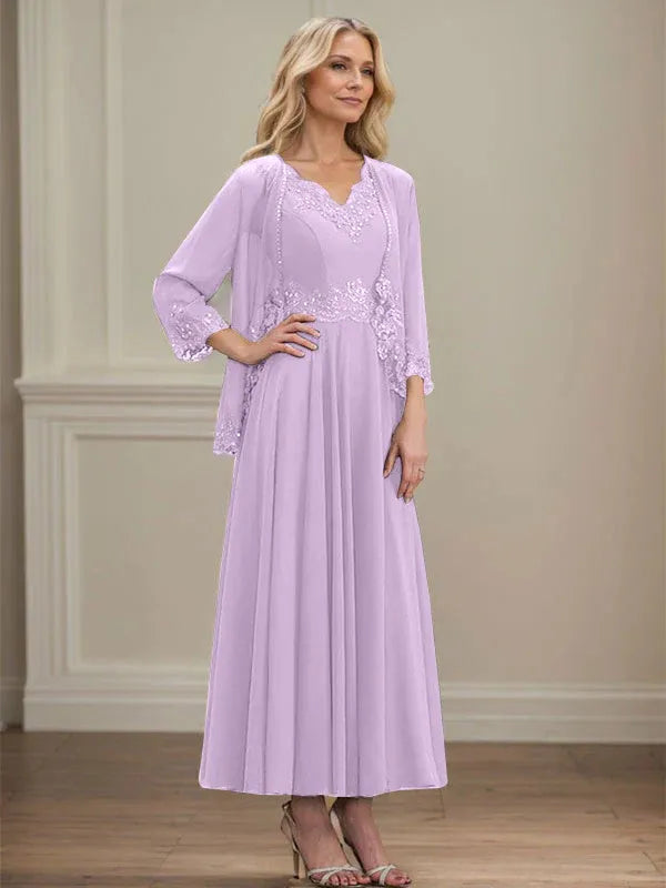 Evelinia | A-Line Chiffon Dress with Sequins & Lace