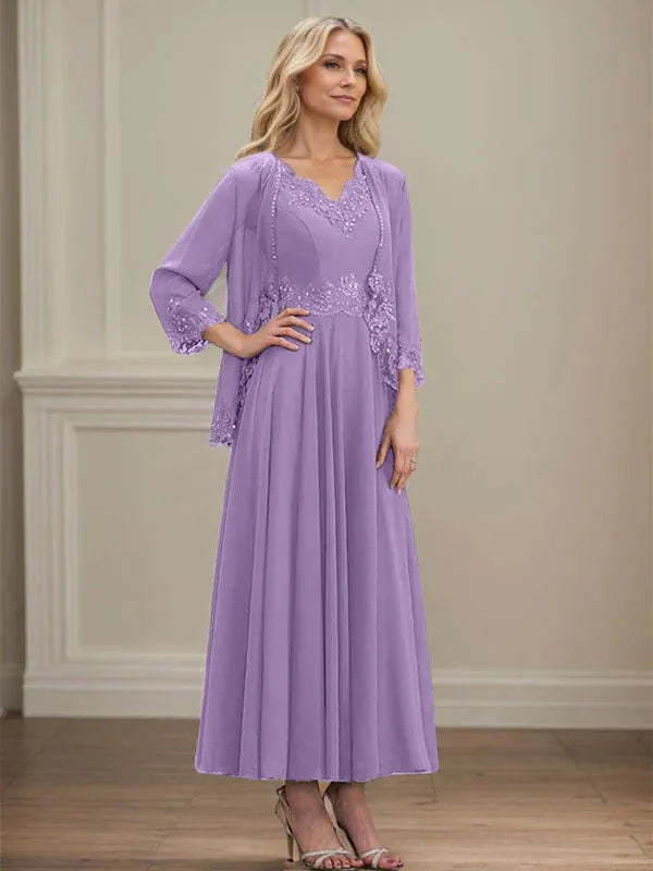 Evelinia | A-Line Chiffon Dress with Sequins & Lace