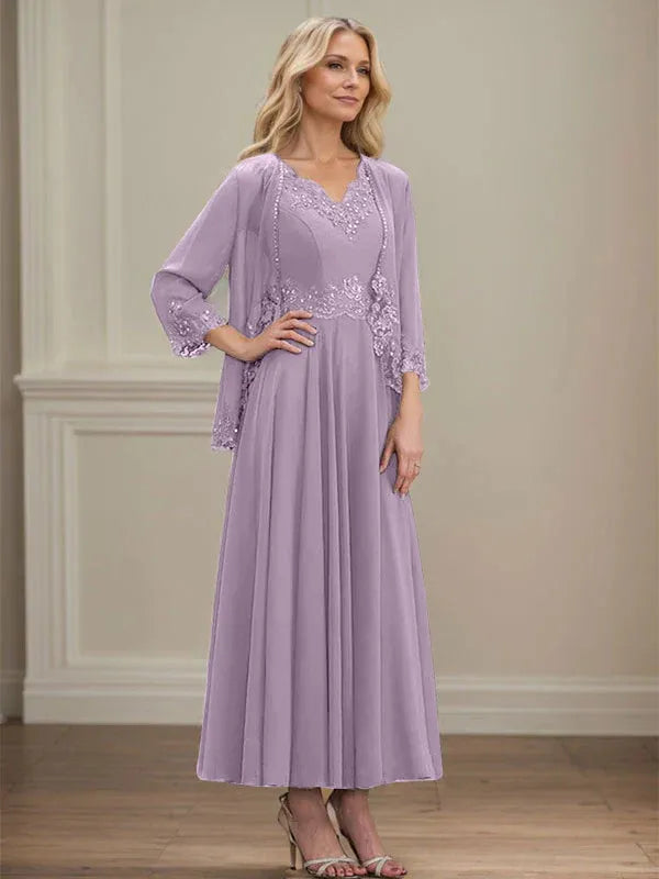 Evelinia | A-Line Chiffon Dress with Sequins & Lace