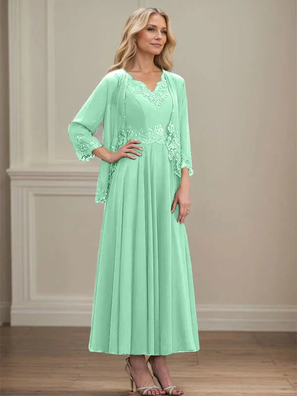 Evelinia | A-Line Chiffon Dress with Sequins & Lace