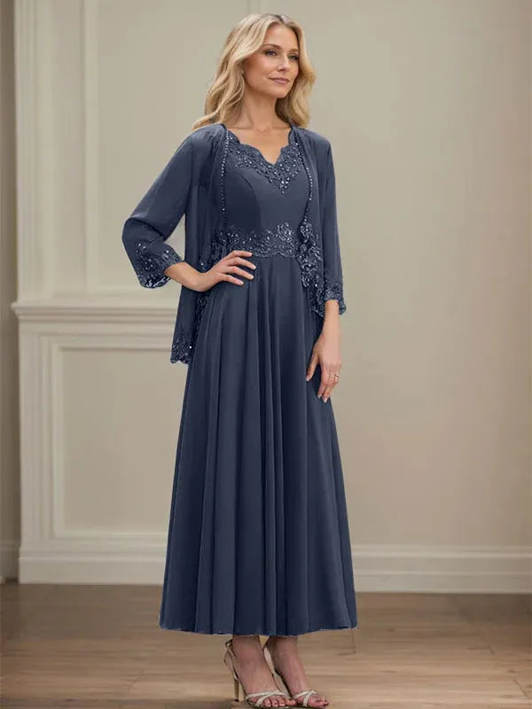 Evelinia | A-Line Chiffon Dress with Sequins & Lace