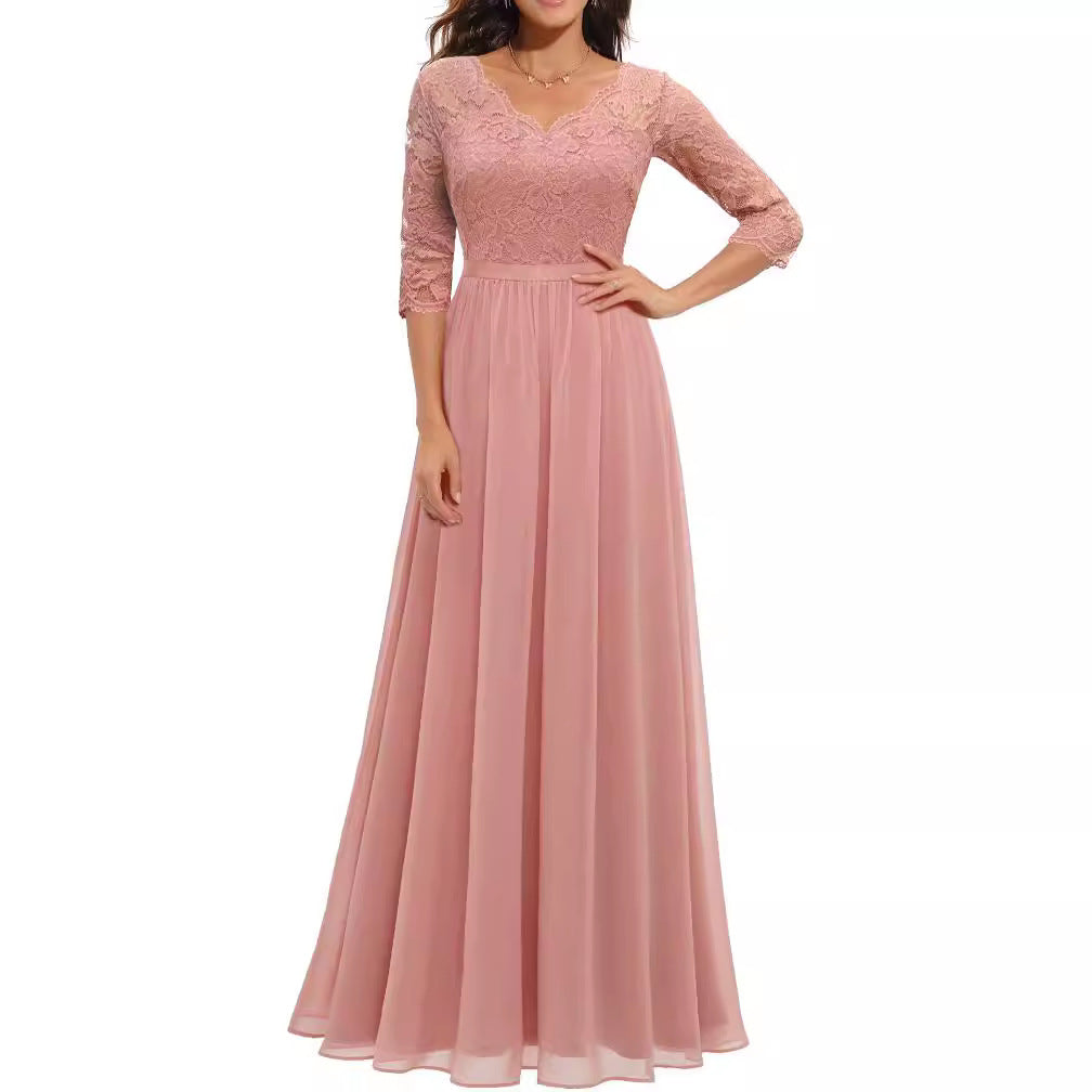 Celestine | Lace Stitching Long Waist Evening Dress
