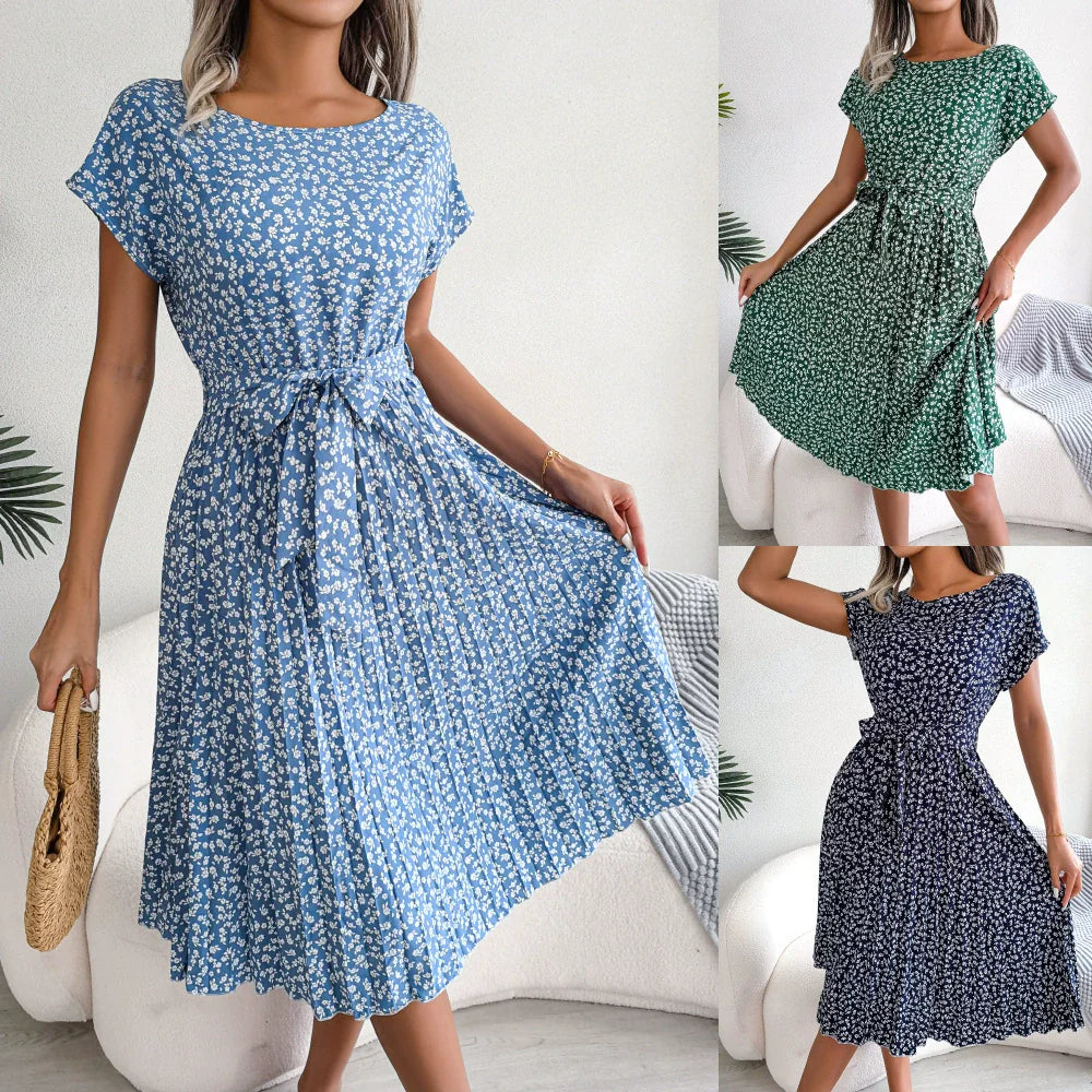 Instagram Hot - Short Sleeved Floral Pleated Skirt