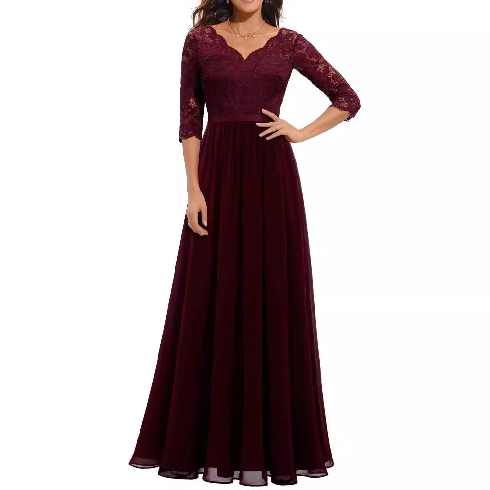 Celestine | Lace Stitching Long Waist Evening Dress