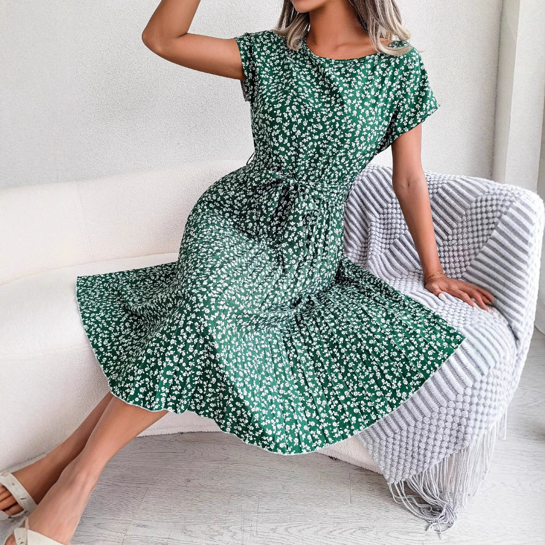 Instagram Hot - Short Sleeved Floral Pleated Skirt