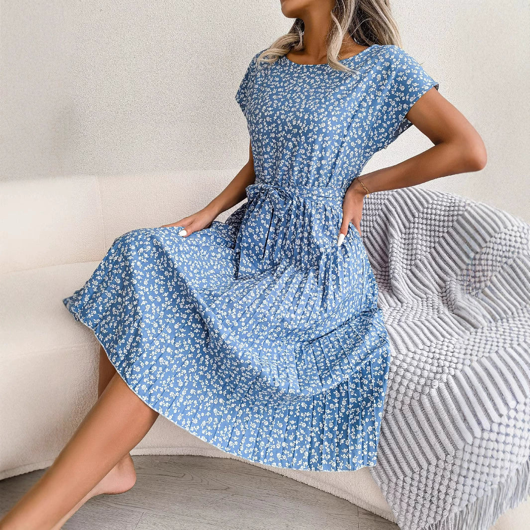 Instagram Hot - Short Sleeved Floral Pleated Skirt