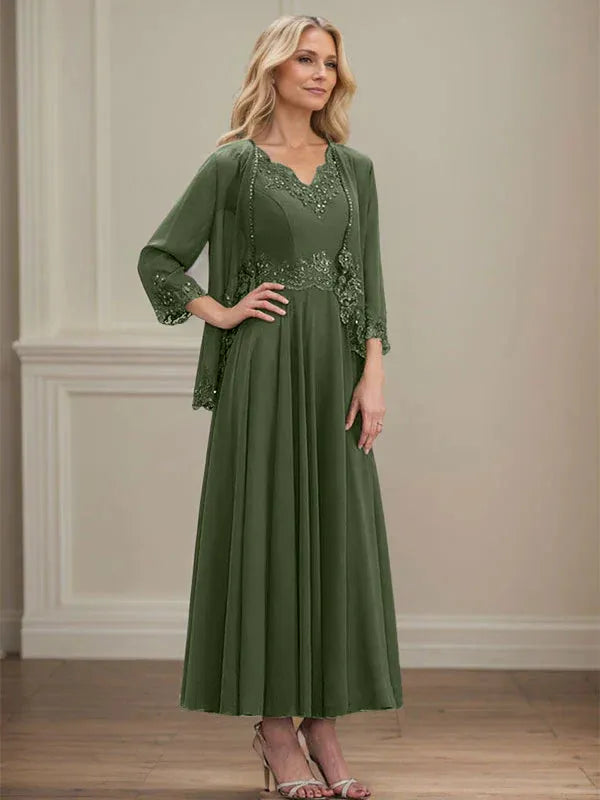 Evelinia | A-Line Chiffon Dress with Sequins & Lace