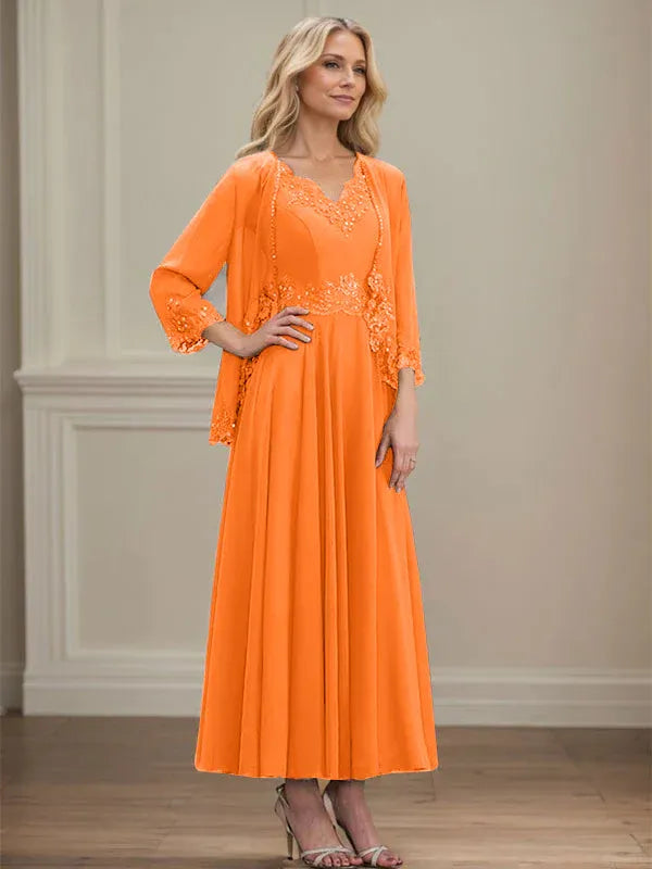 Evelinia | A-Line Chiffon Dress with Sequins & Lace