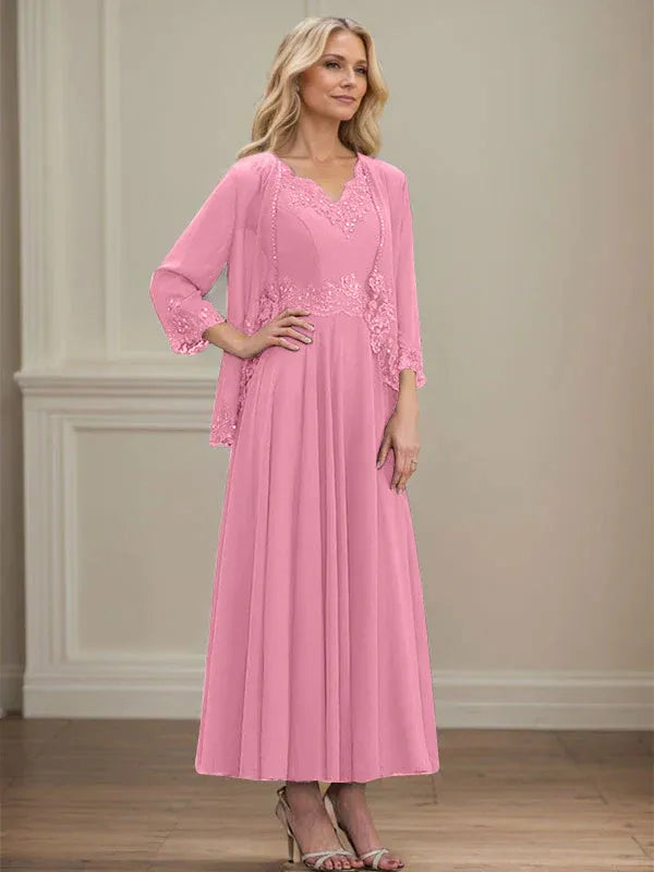Evelinia | A-Line Chiffon Dress with Sequins & Lace