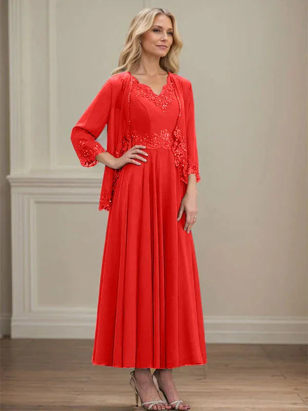 Evelinia | A-Line Chiffon Dress with Sequins & Lace